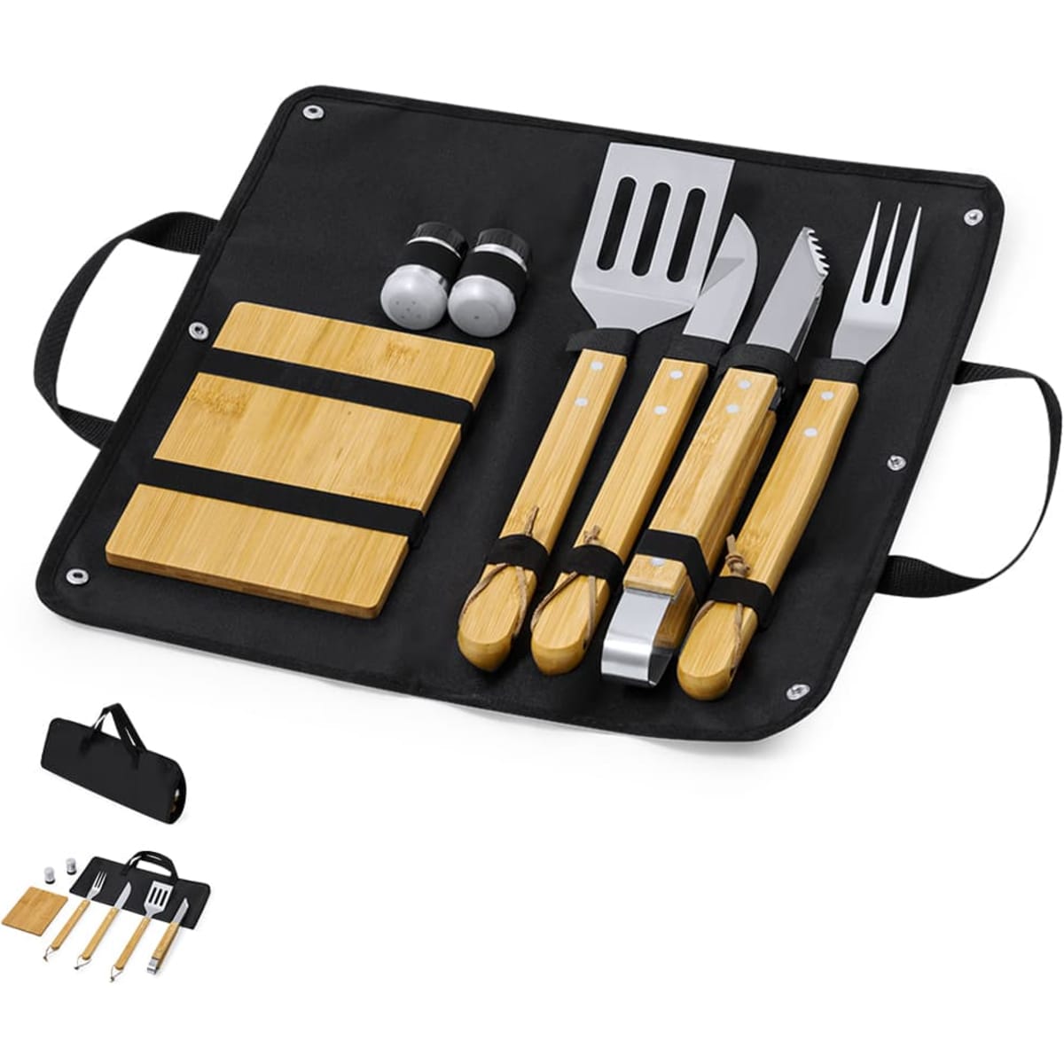 A barbecue set featuring bamboo utensils, including a spatula, tongs, fork, knife, and a cutting board, in a black carry case.