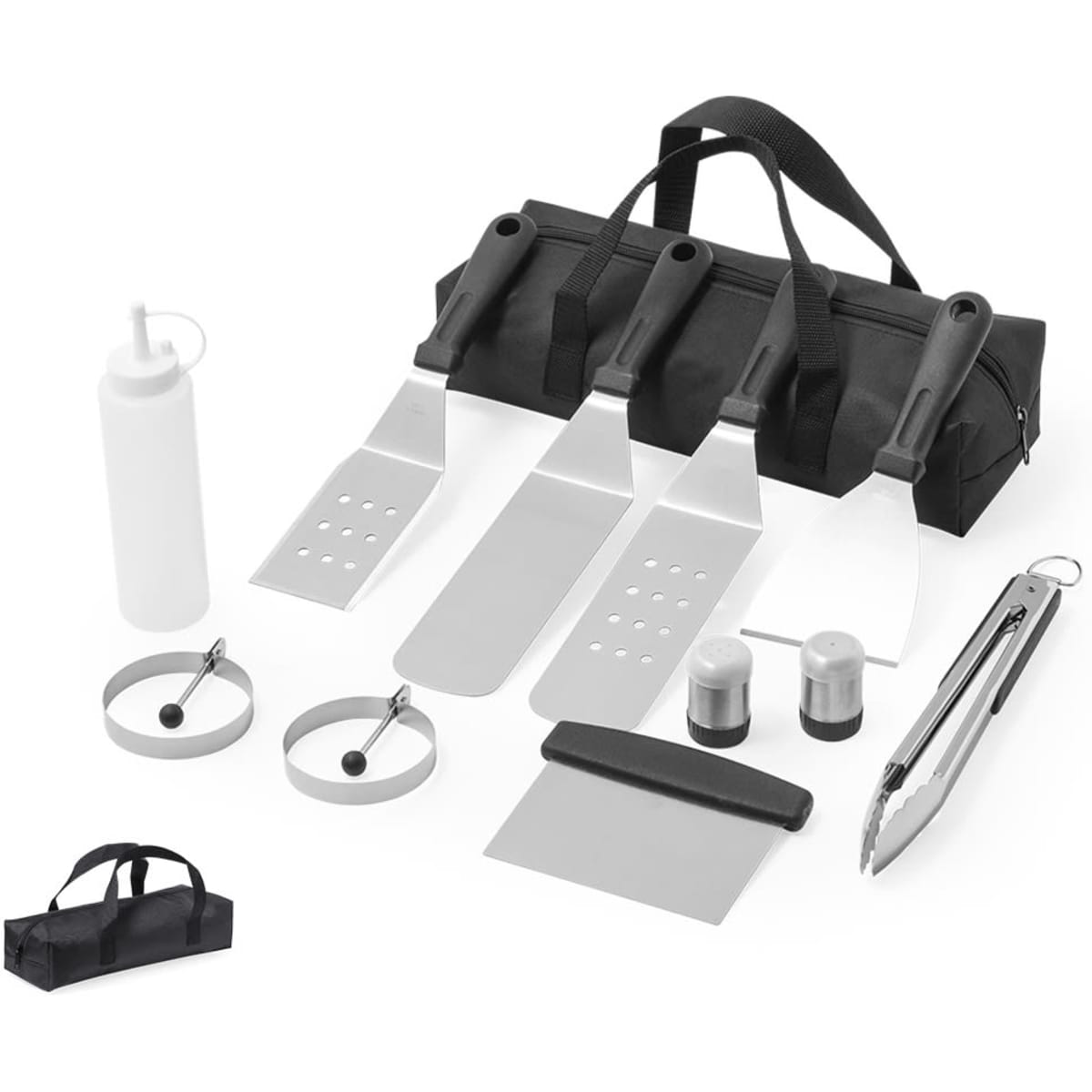 A black barbecue set including spatulas, tongs, ring molds, a scraper, a squeeze bottle, and salt and pepper shakers in a carrying bag.