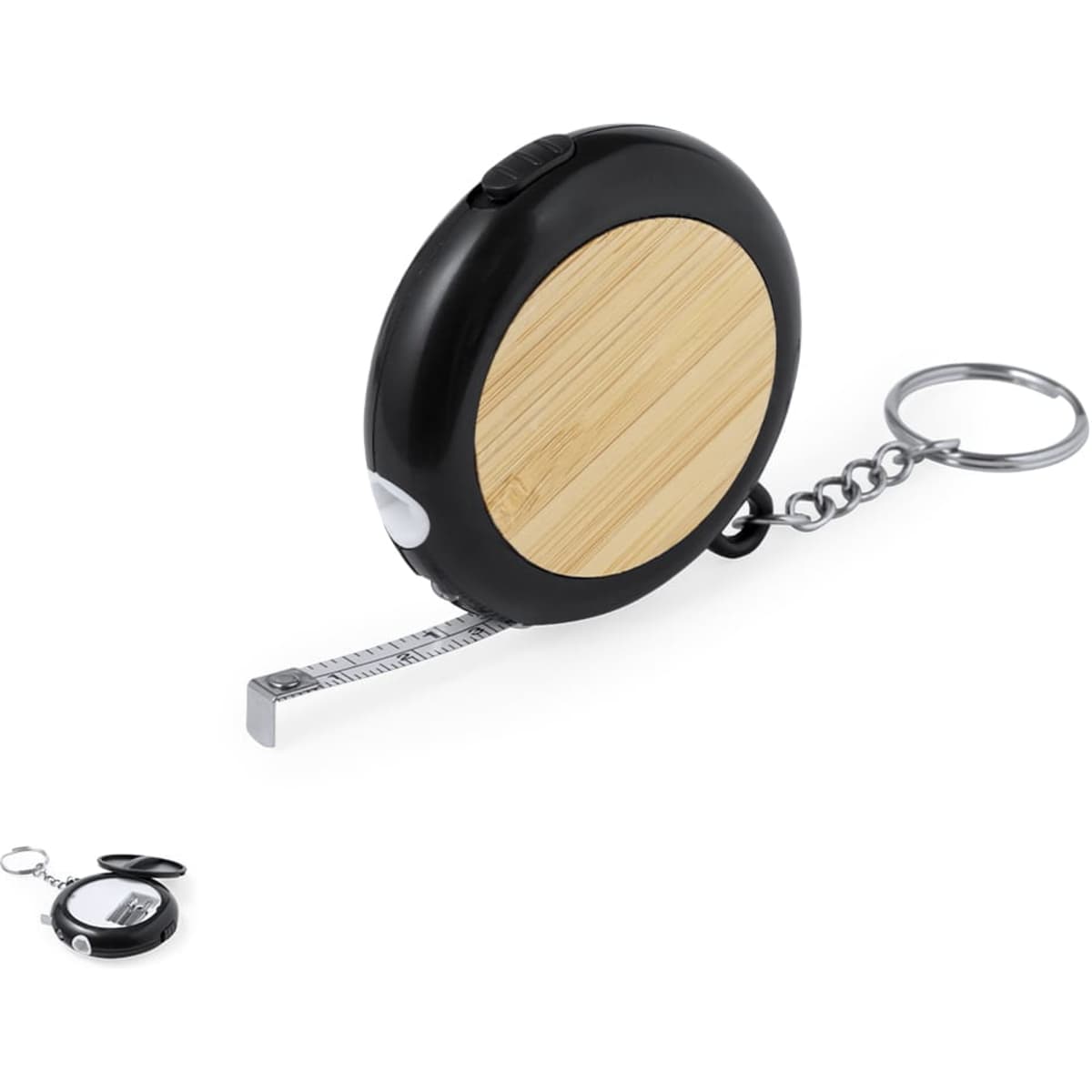 A black and bamboo multi-tool tape measure with a keyring attachment.