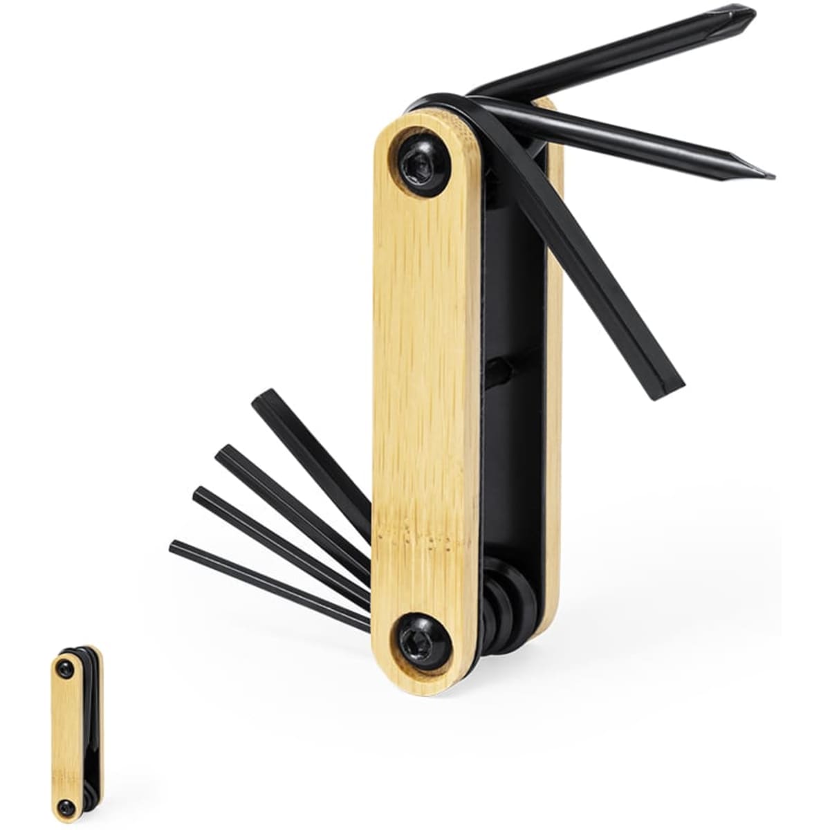 A compact multi-tool in bamboo and black with several fold-out hex keys. Features a small logo on one side.