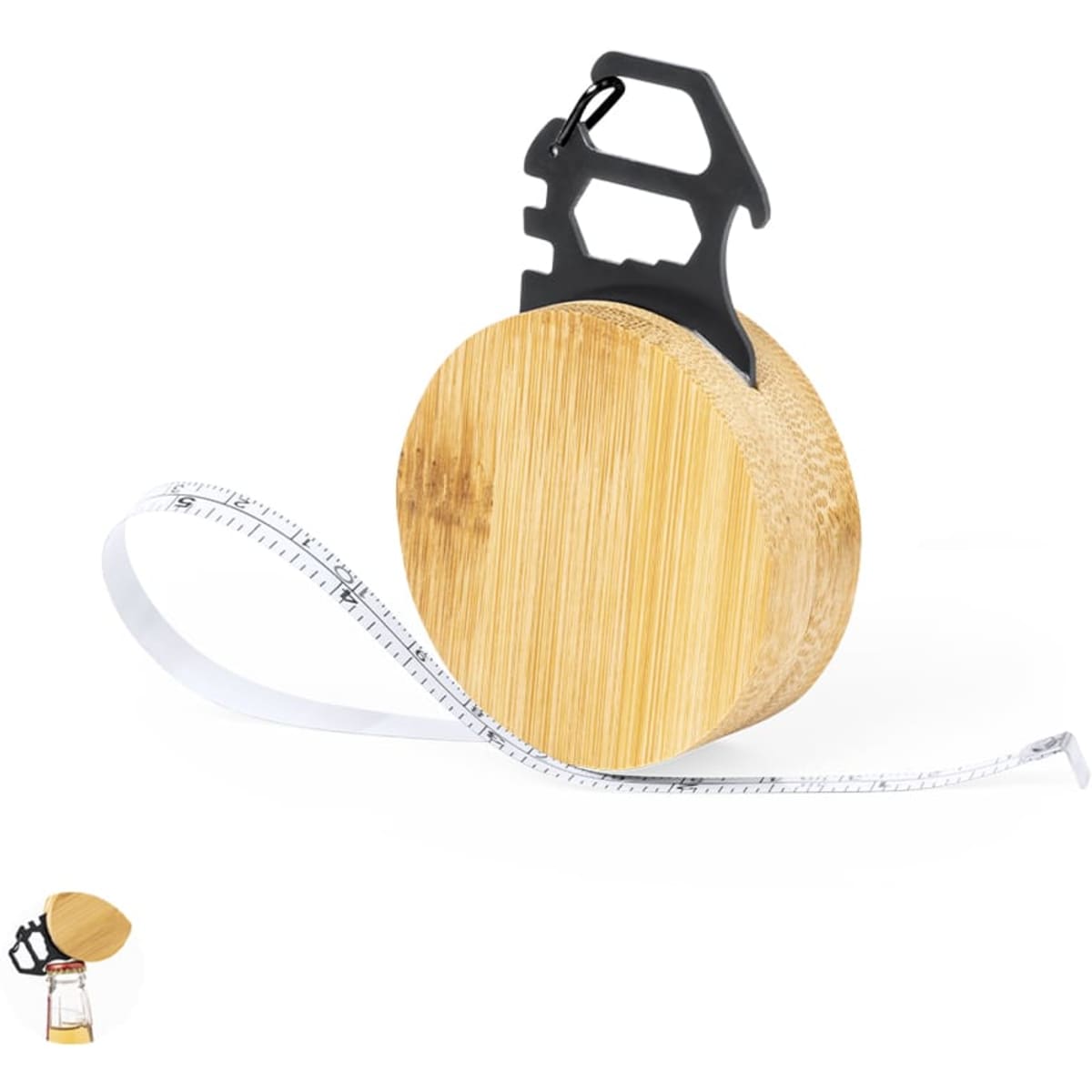 A bamboo multi-tool featuring a tape measure and a bottle opener, with a sleek design and a black accent.