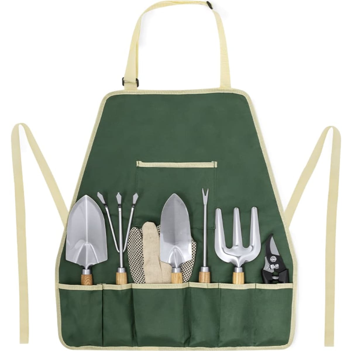 A green gardening apron featuring various silver tools, including trowels, gloves, and pruning shears, with a pocket.