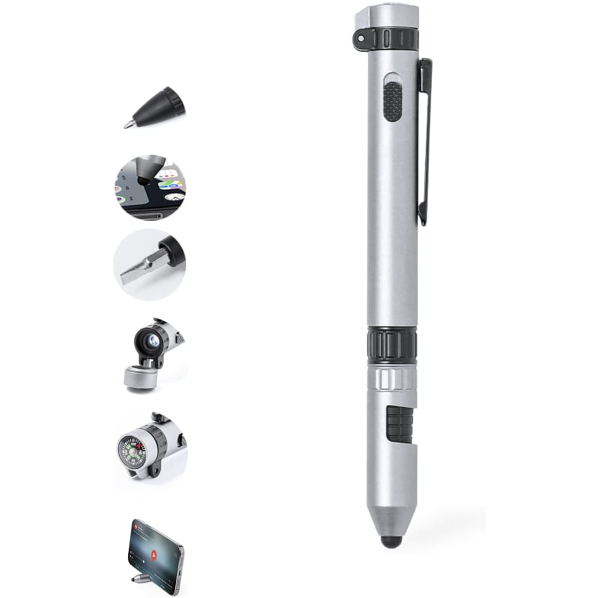 A silver multi-tool pen featuring various attachments, including a stylus, flashlight, and ruler, with a clip for convenience.