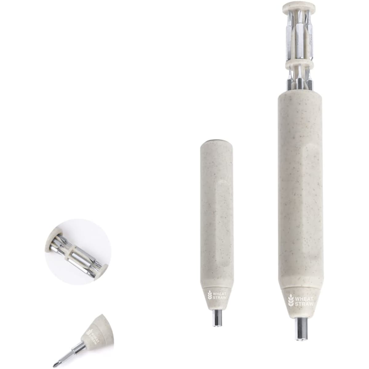 A multi-tool featuring a grey body and silver accents, with two interchangeable ends for various functions.