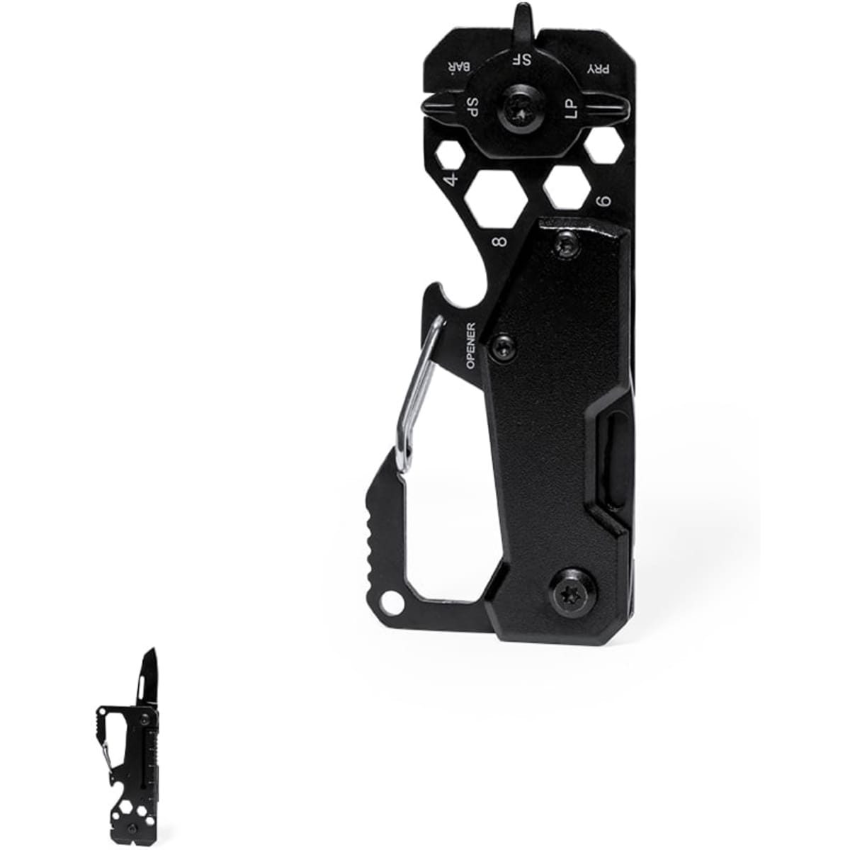 A black multi-tool with various functions and a carabiner clip, featuring a logo.