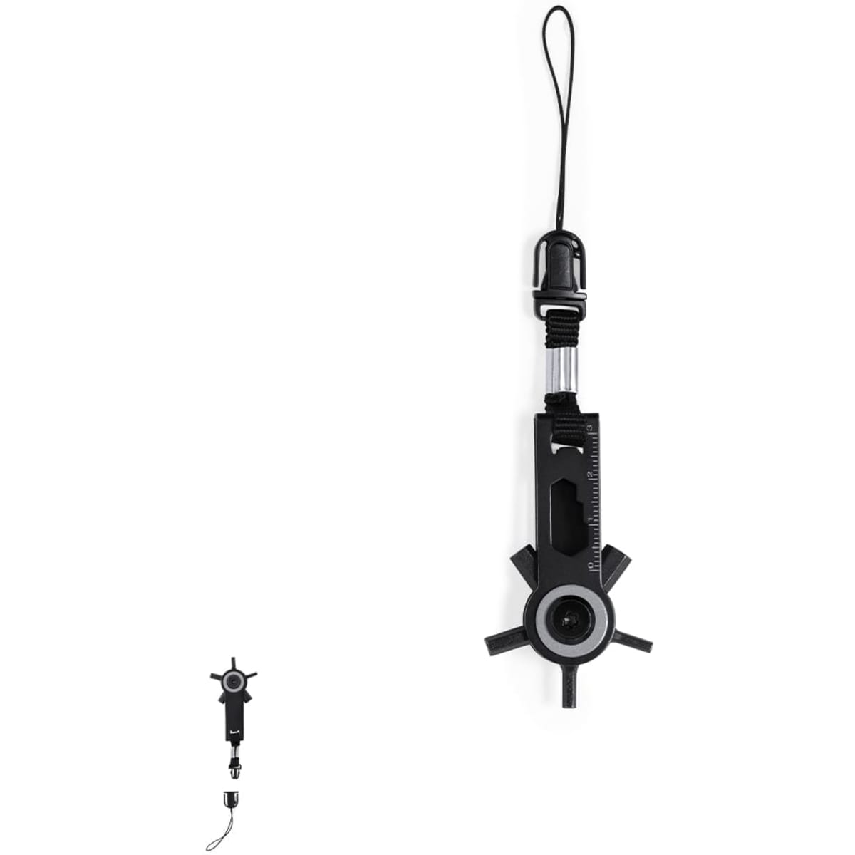 A black multi-tool with various functions, featuring a keyring attachment and a loop for easy carrying.