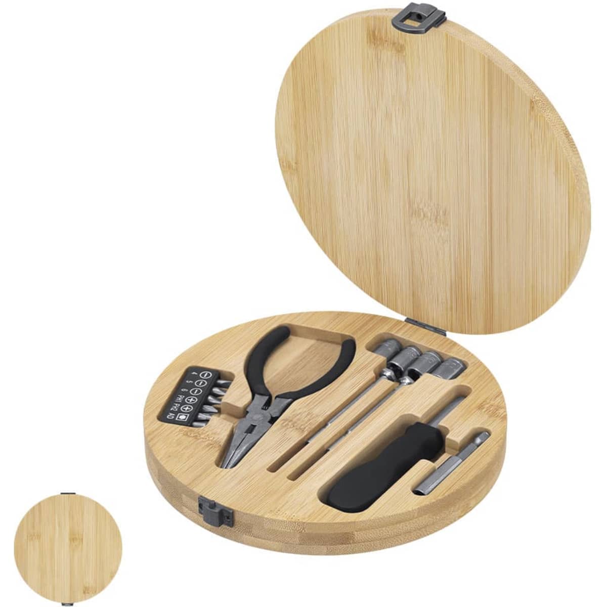 A round bamboo case containing pliers, sockets, a screwdriver, and a small tool, with a logo present.