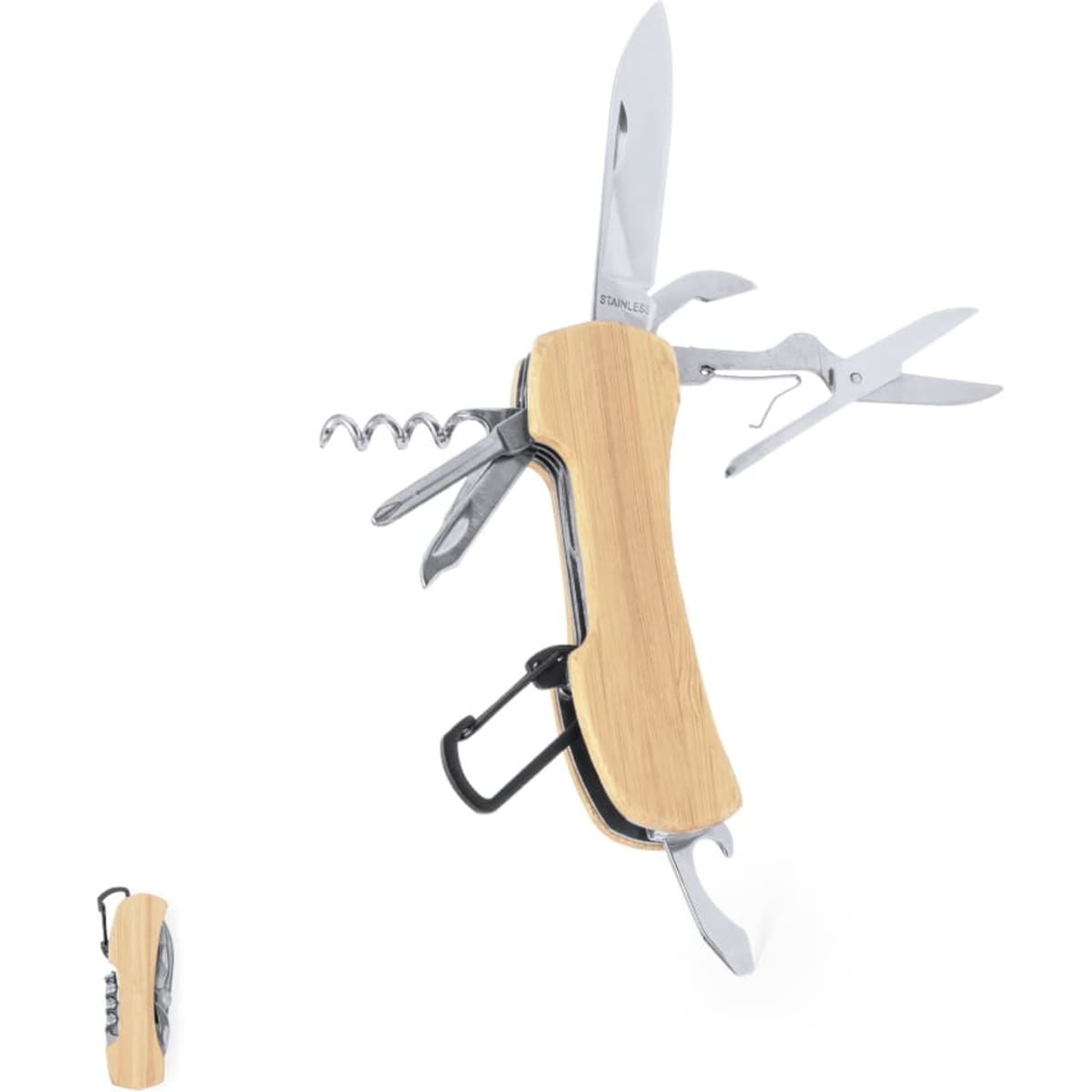 A multi-tool featuring a wooden handle and various stainless steel tools, including a knife, scissors, and corkscrew.