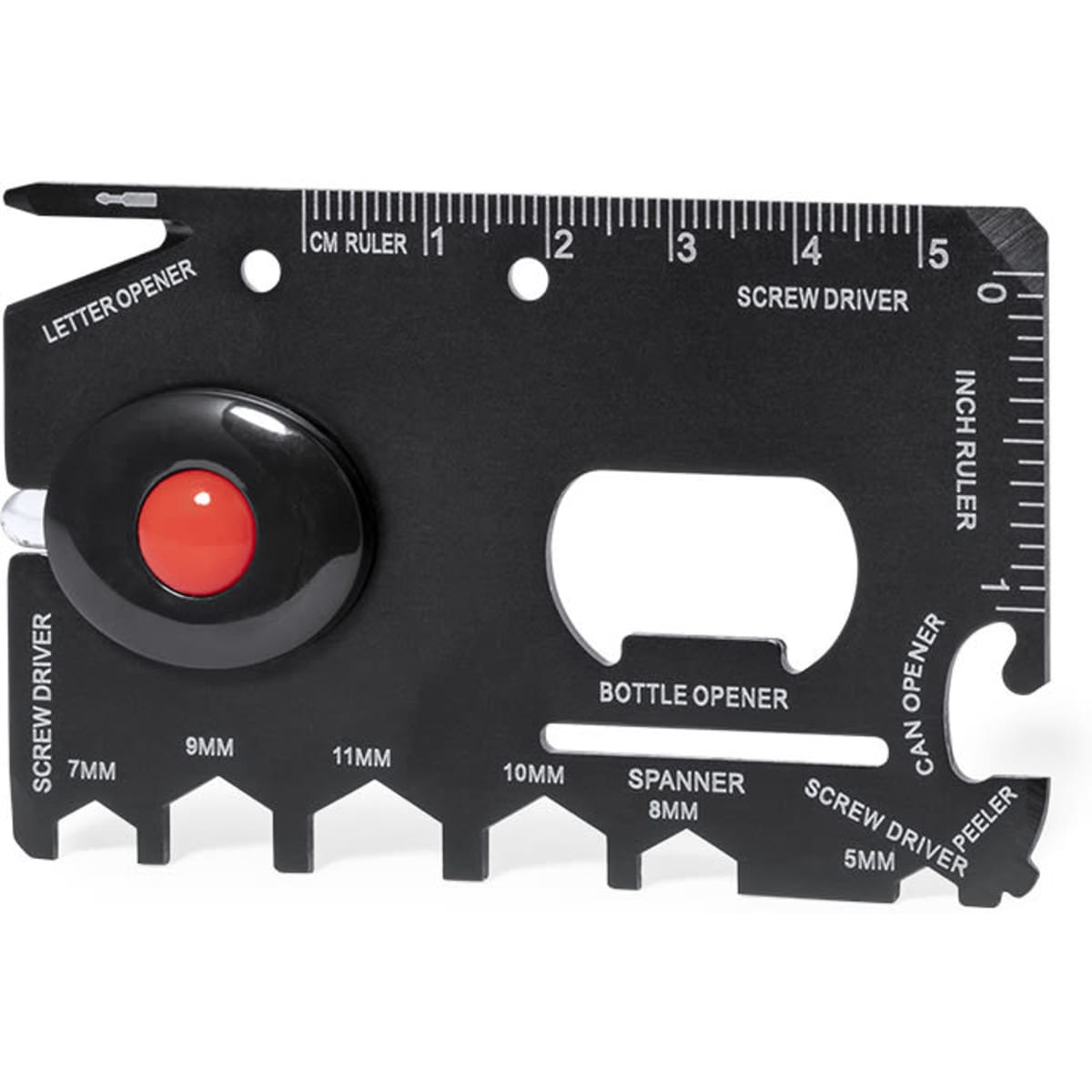 A black multi-tool featuring a letter opener, bottle opener, screwdrivers, and a ruler, with a red button.
