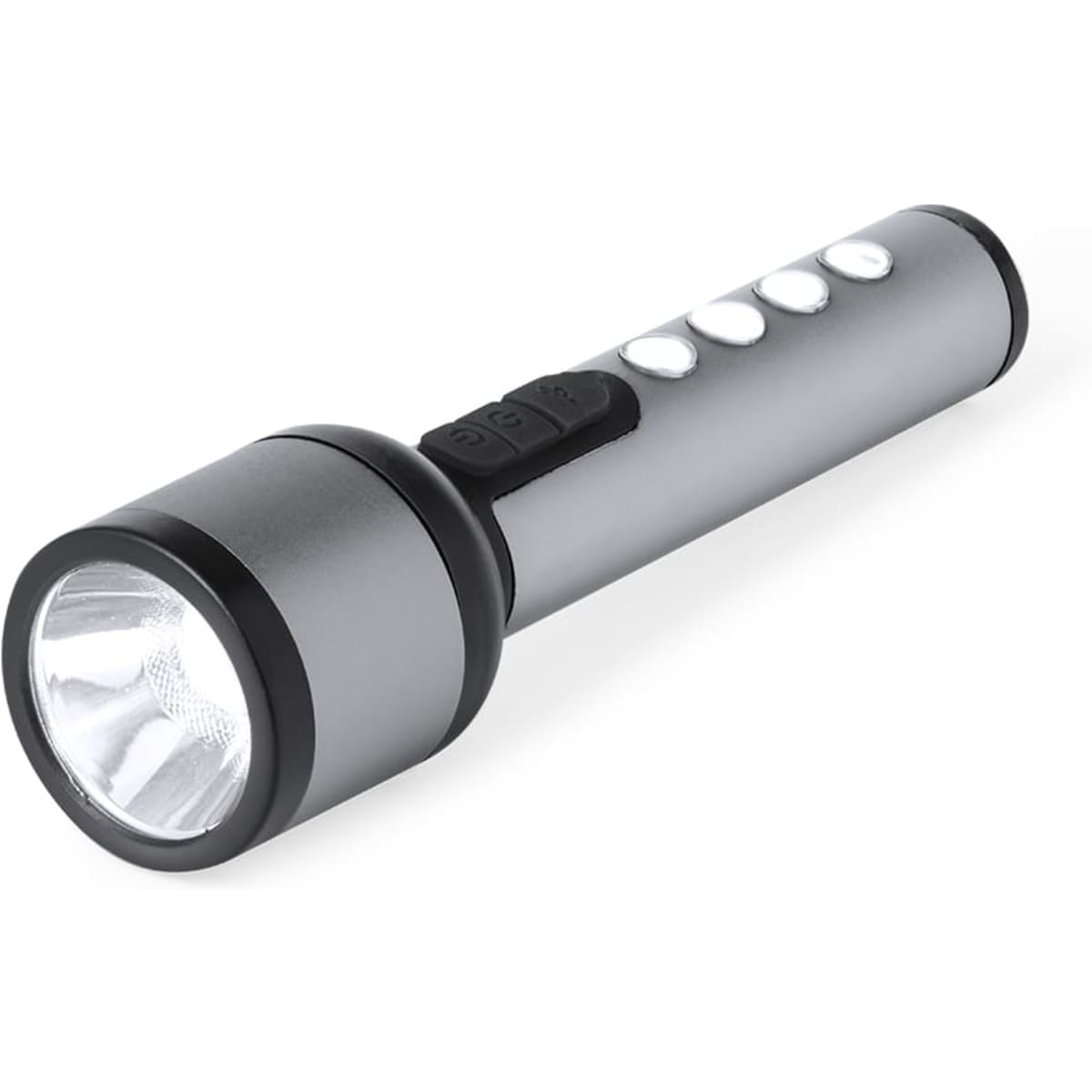 A silver torch with a black base and buttons, featuring a bright front light. It has a brand logo.