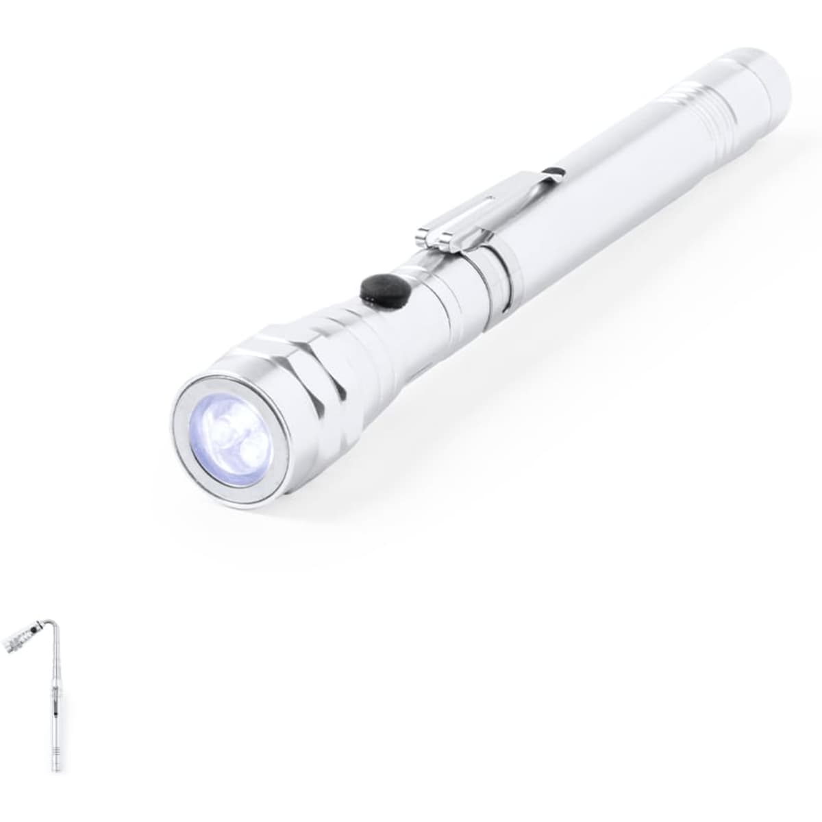 A silver torch featuring a clip and a single LED light source, positioned at an angle. It includes a brand logo.