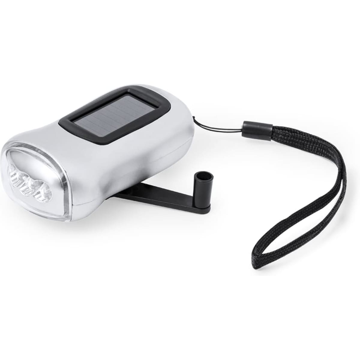 A silver torch with a solar panel, featuring a wrist strap and a stand, ideal for outdoor activities.