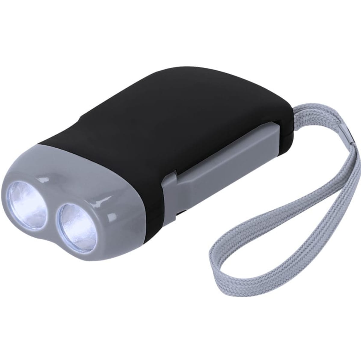A black and grey torch with two light bulbs and a wrist strap. The torch features a branding logo.