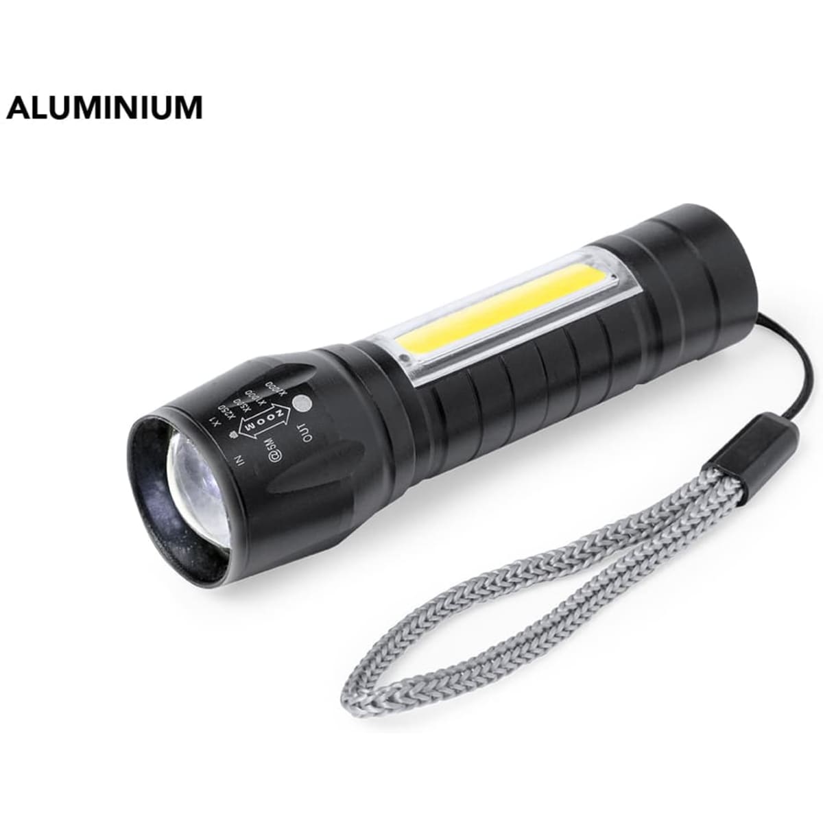 A flashlight featuring a black aluminium body, a clear lens, and a textured grip, with a wrist strap attached.