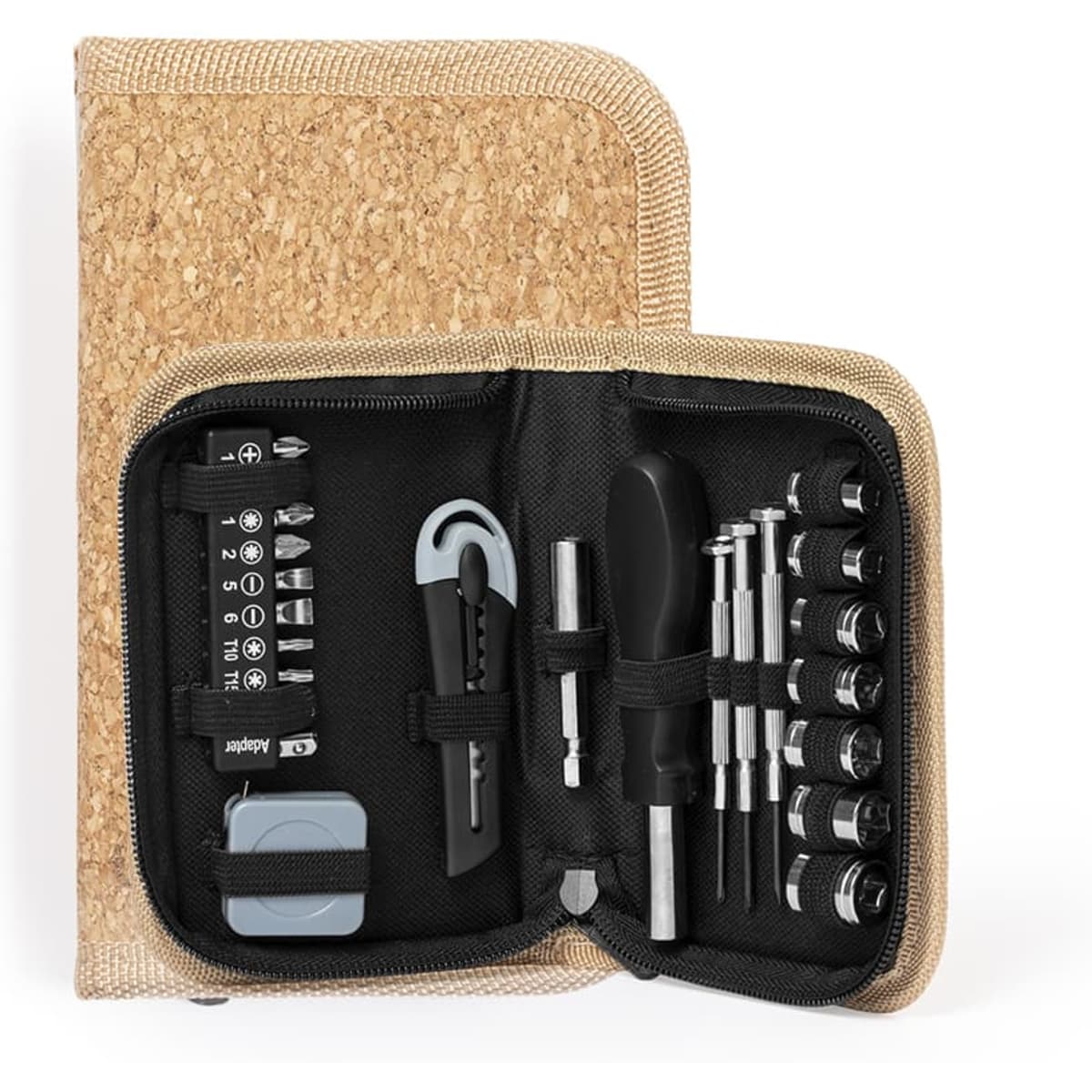 A cork zippered case containing various tools, including screwdrivers, sockets, and a utility knife in a compact design.