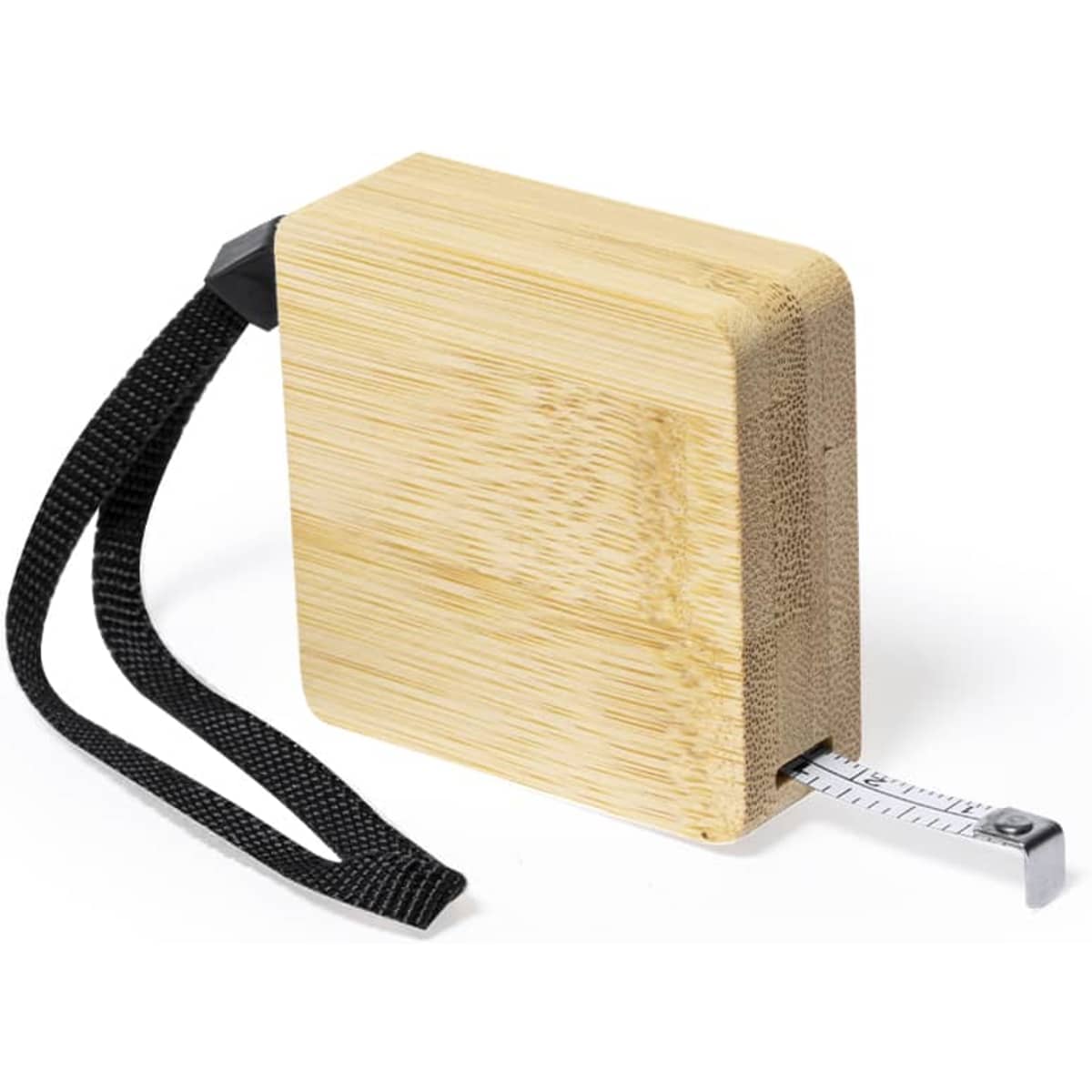 A bamboo tape measure with a retractable measuring tape and a black wrist strap. It features a logo on the side.