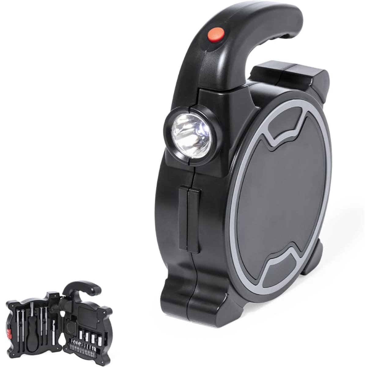 A compact black multi-tool with a flashlight, featuring various tools and an ergonomic handle.