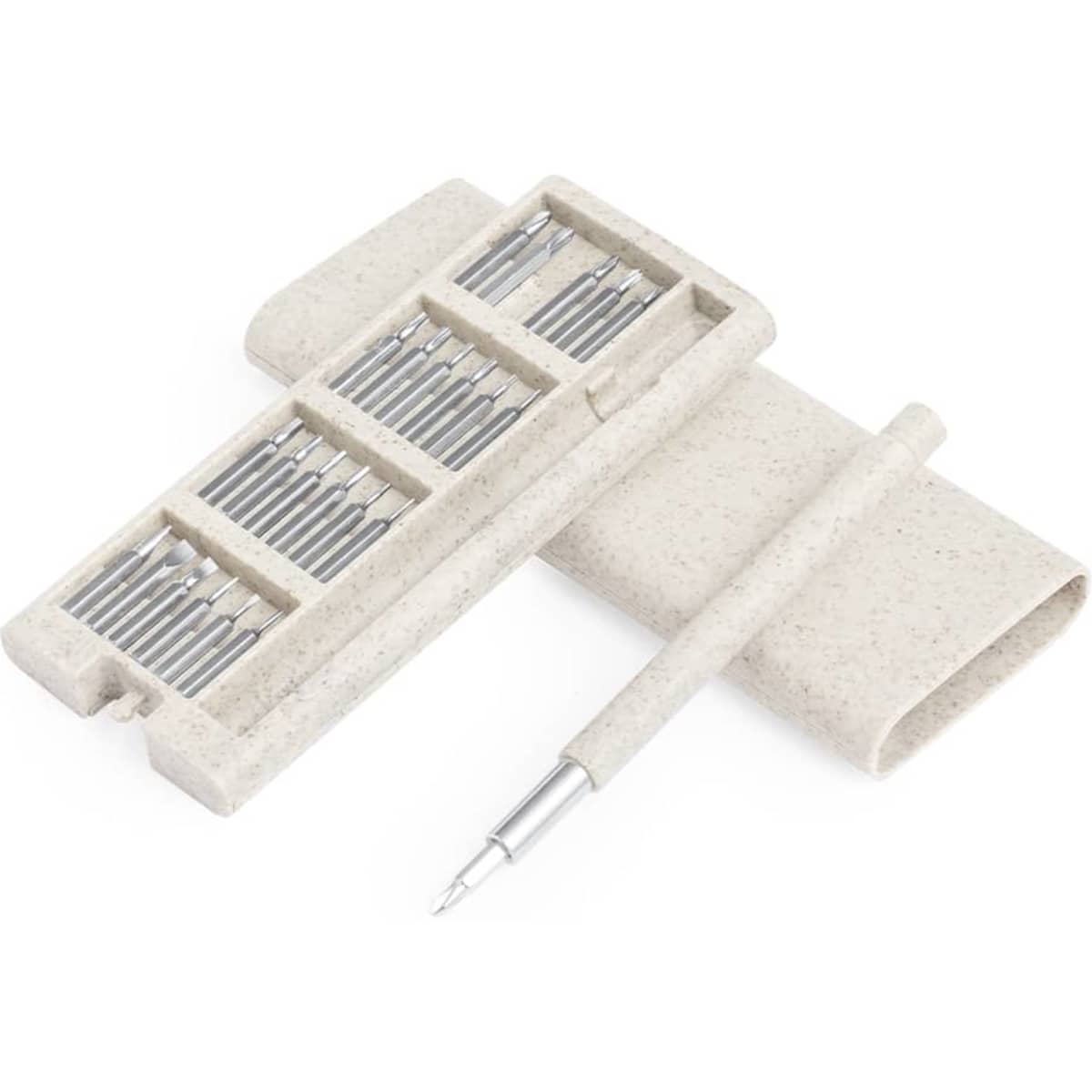 A multi-tool set in a beige case, featuring various silver tool bits and a matching beige pen.
