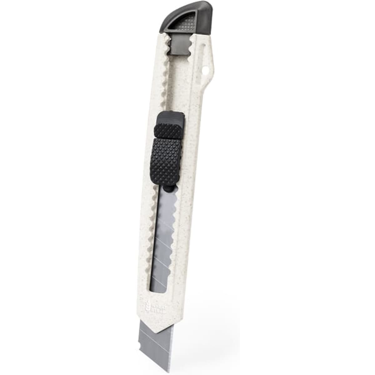 A utility knife with a white handle and black accents, featuring a retractable blade and a textured grip.