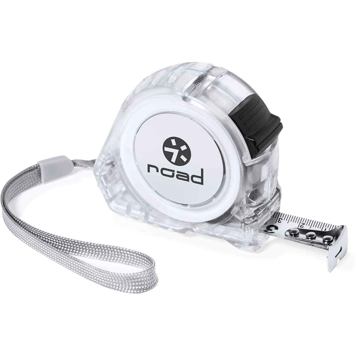 A transparent tape measure with a black and silver retractable mechanism and a wrist strap. It features a logo.