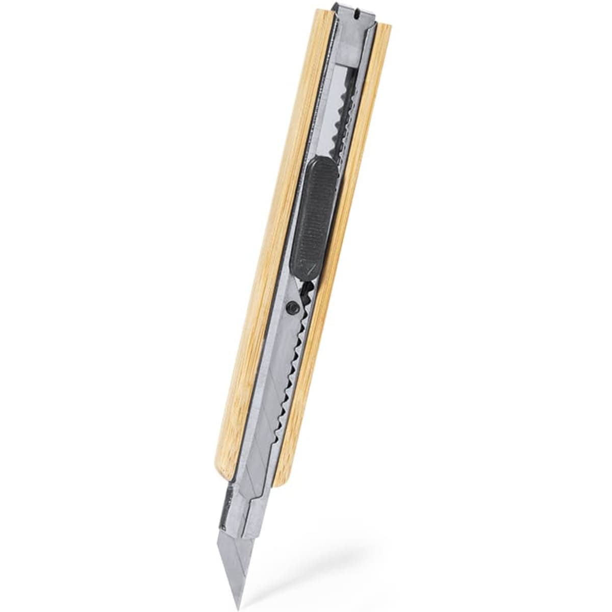 A metallic utility knife with a bamboo handle and a retractable blade, featuring a logo on the handle.