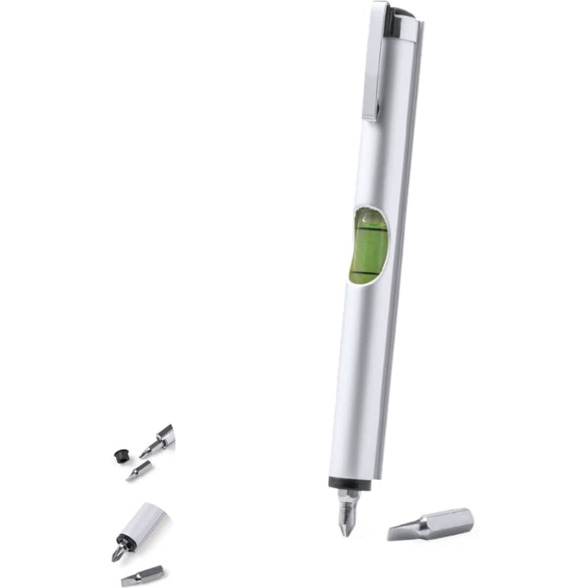 A metallic multi-tool with a level indicator, screwdriver tips, and a pen. Features a sleek silver design.