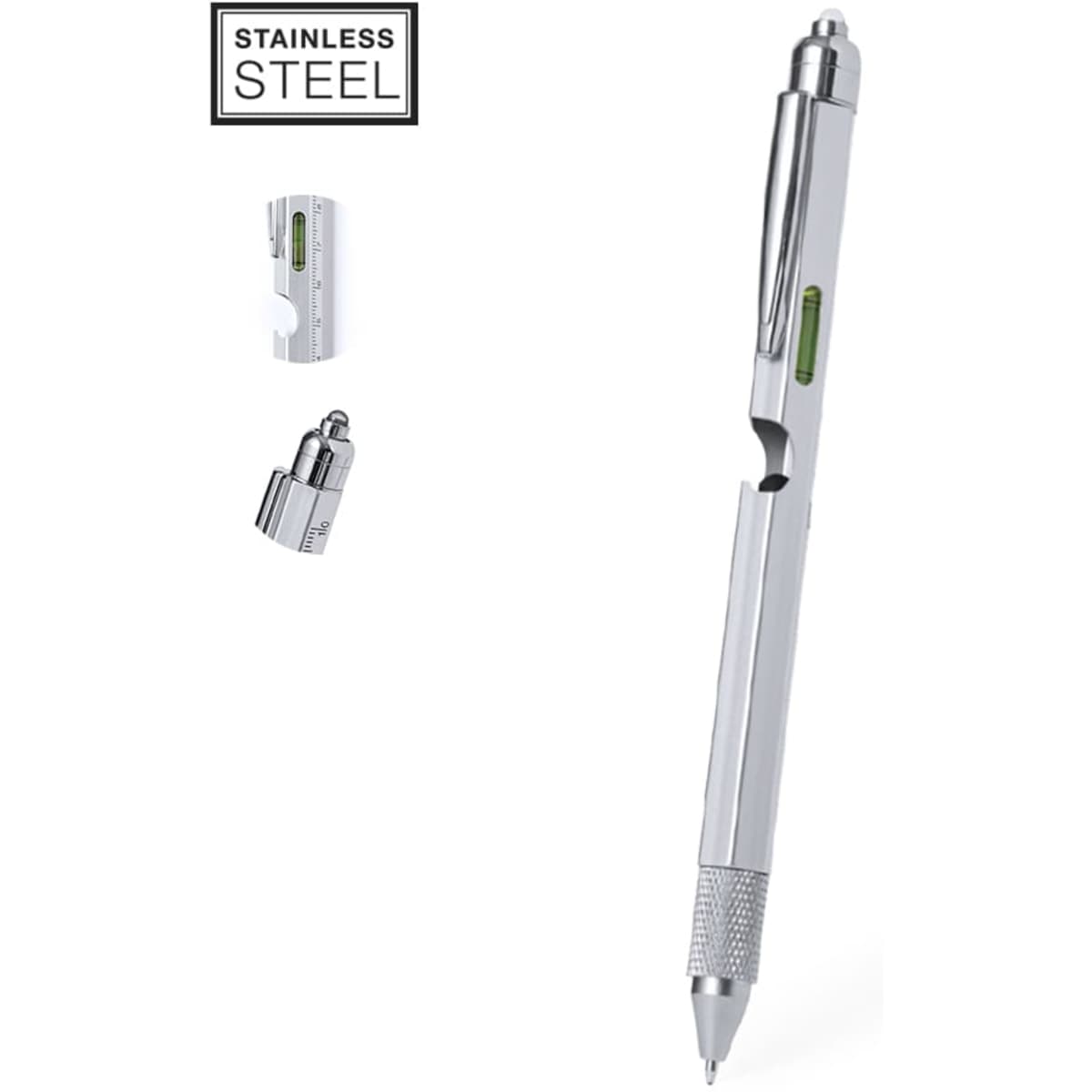A stainless steel metal pen with a sleek design and a built-in level feature, featuring a logo on the body.