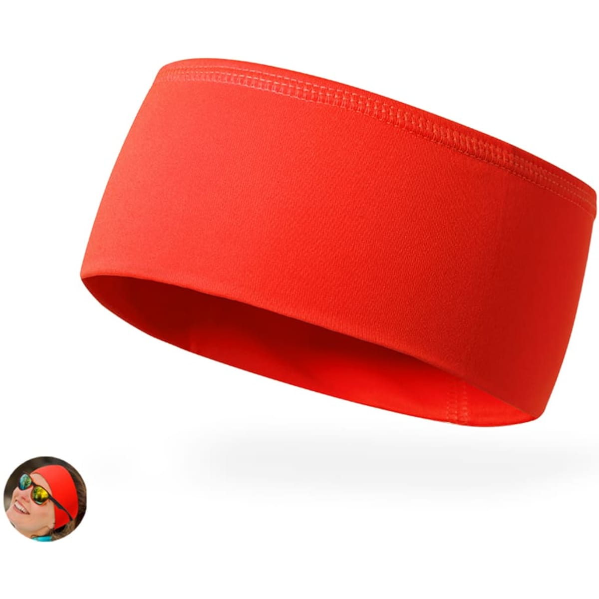 A red headband with a logo, designed for headwear. The headband features a smooth, stretchy fabric.