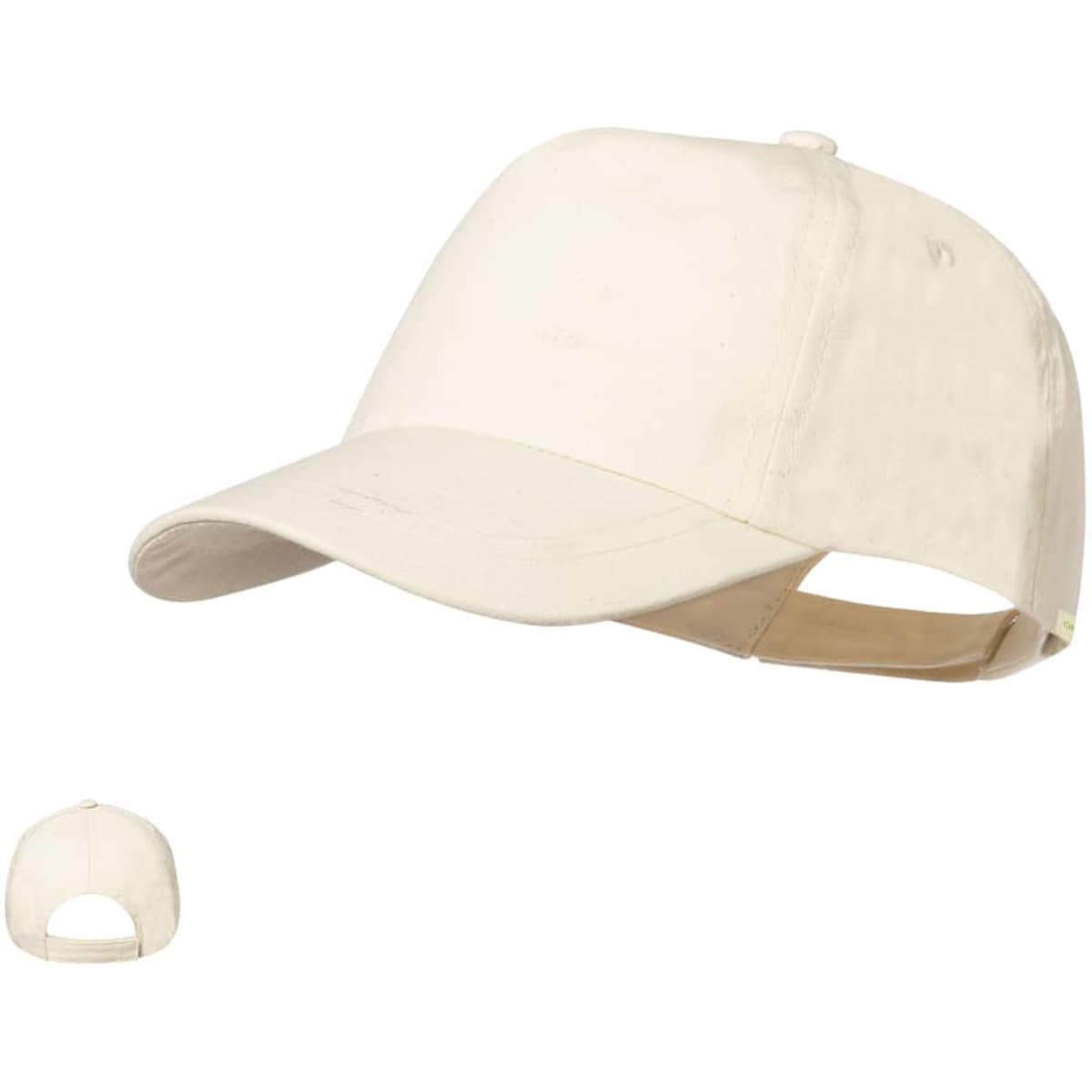 A light cream cap with an adjustable strap and a small logo on the front.