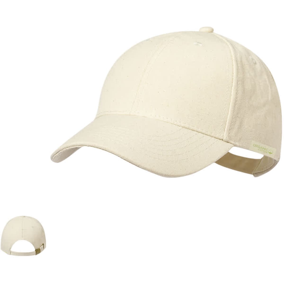 A beige cap with a curved peak, featuring a logo and an adjustable strap at the back.