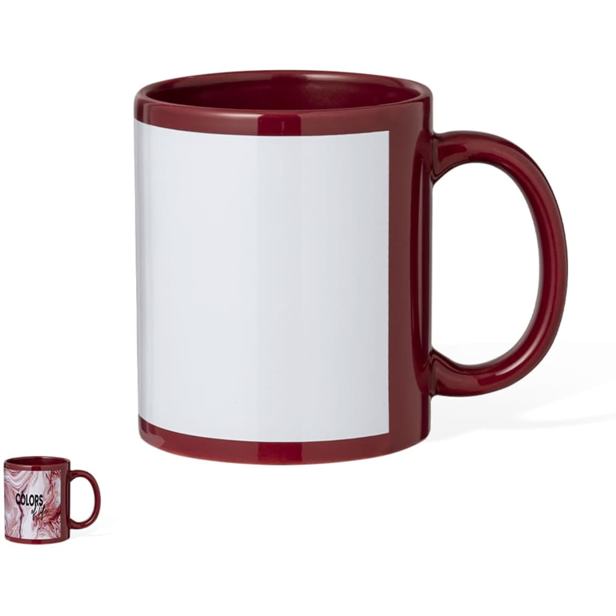 A red coffee mug with a large white area and a smaller mug displayed beside it. It features a logo.