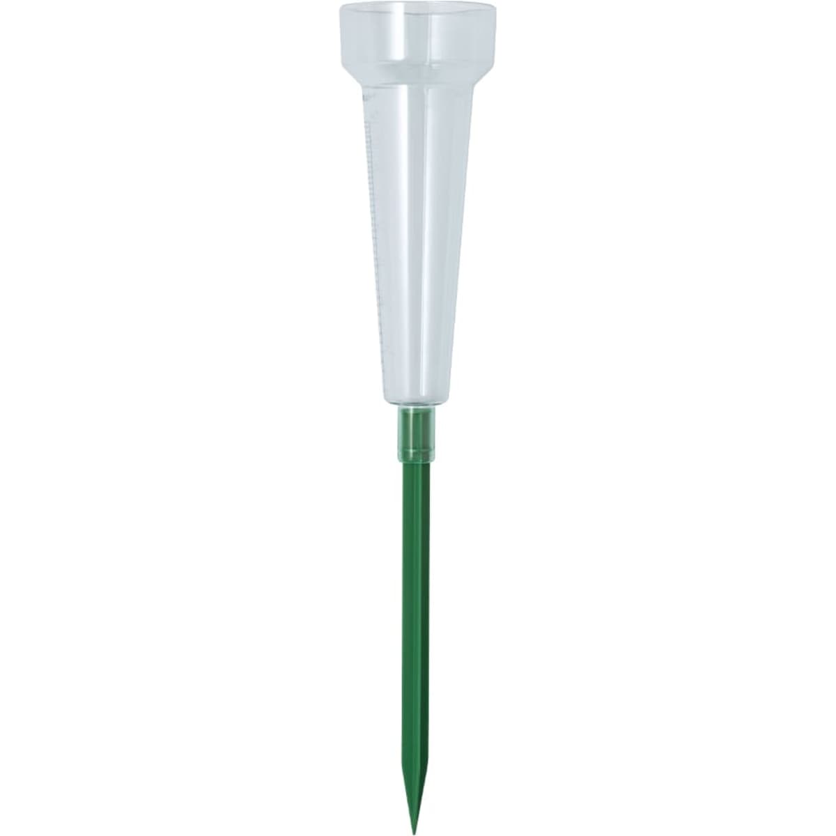A clear plastic funnel attached to a green pointed stake, suitable for outdoor use. It includes a logo.