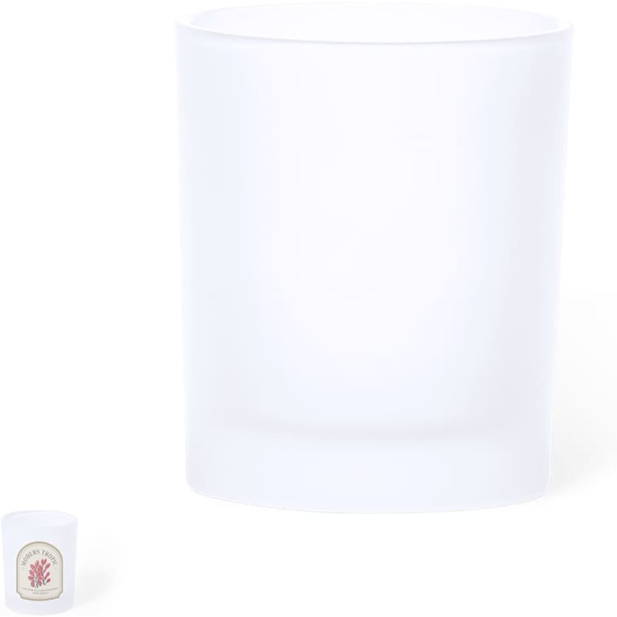 A frosted glass tumbler with a smooth finish, alongside a smaller glass, both featuring a logo.