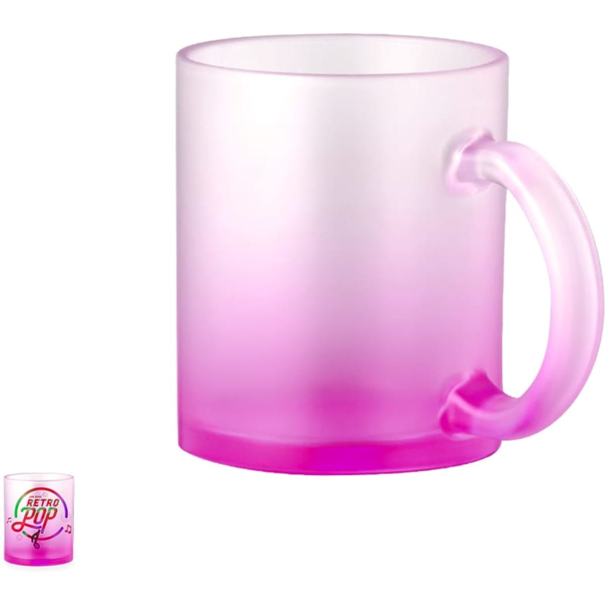 A pink ombre coffee mug with a frosted finish and a handle, featuring a logo on one side.