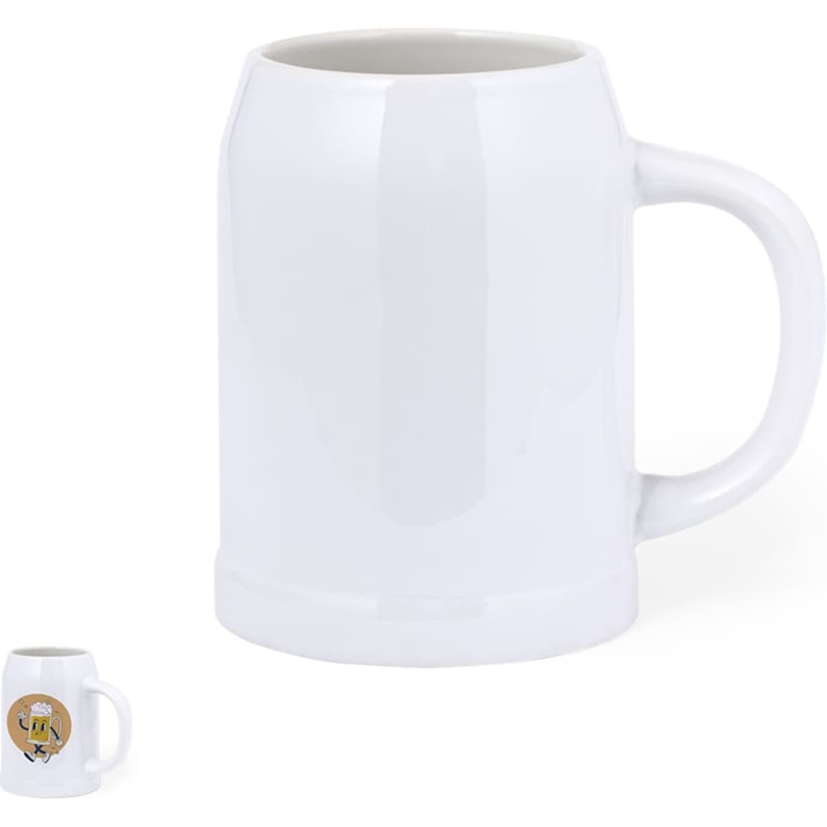 A white beer mug with a large handle, featuring a branding logo on one side.