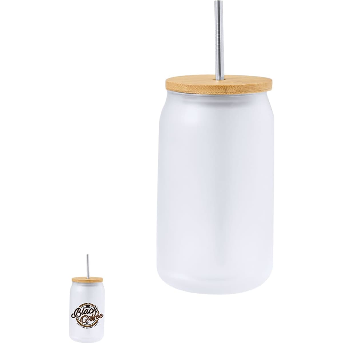 A drink bottle featuring a frosted glass design with a bamboo lid and a metallic straw, featuring a logo.