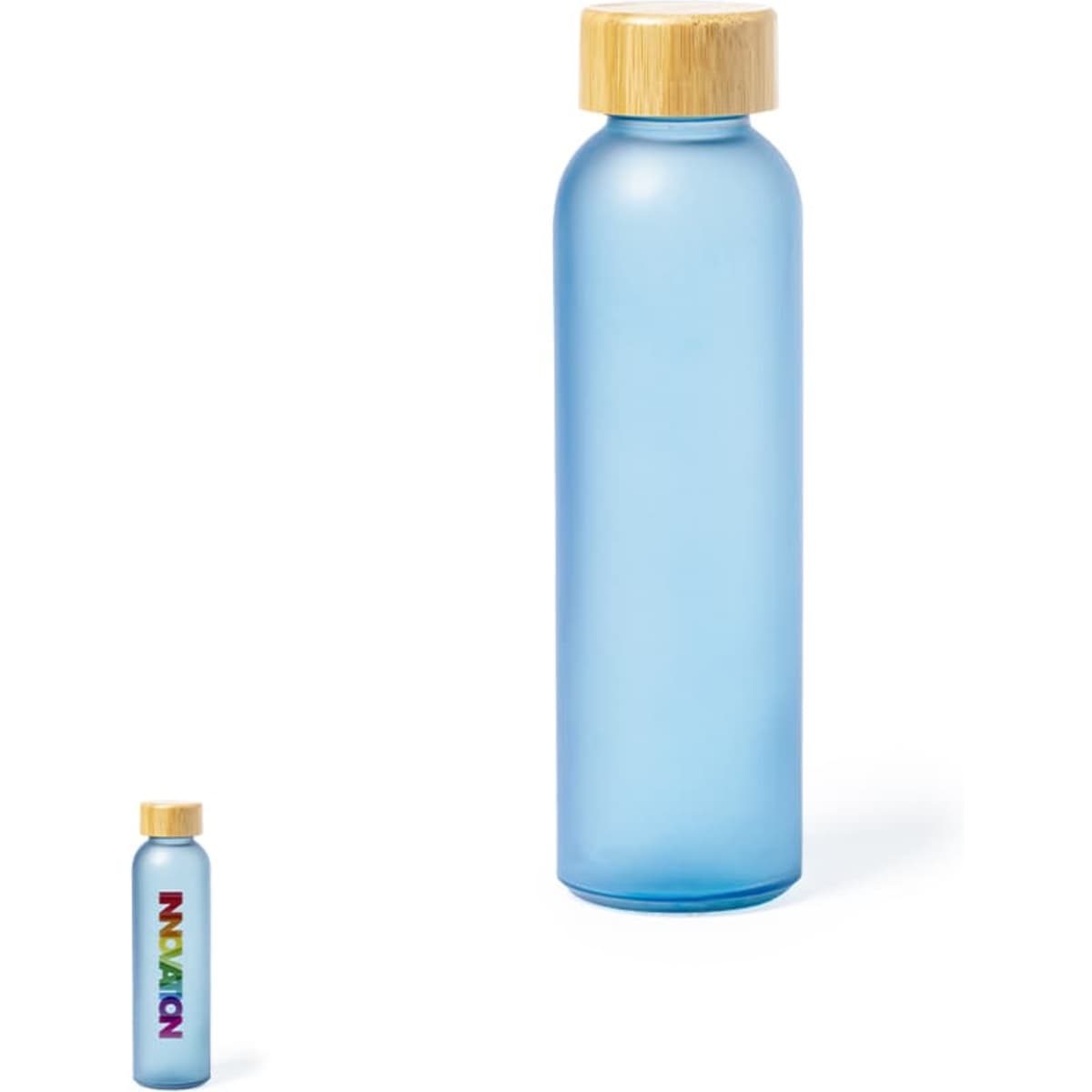 A drink bottle in a transparent blue colour with a wooden lid. It features a logo on the side.