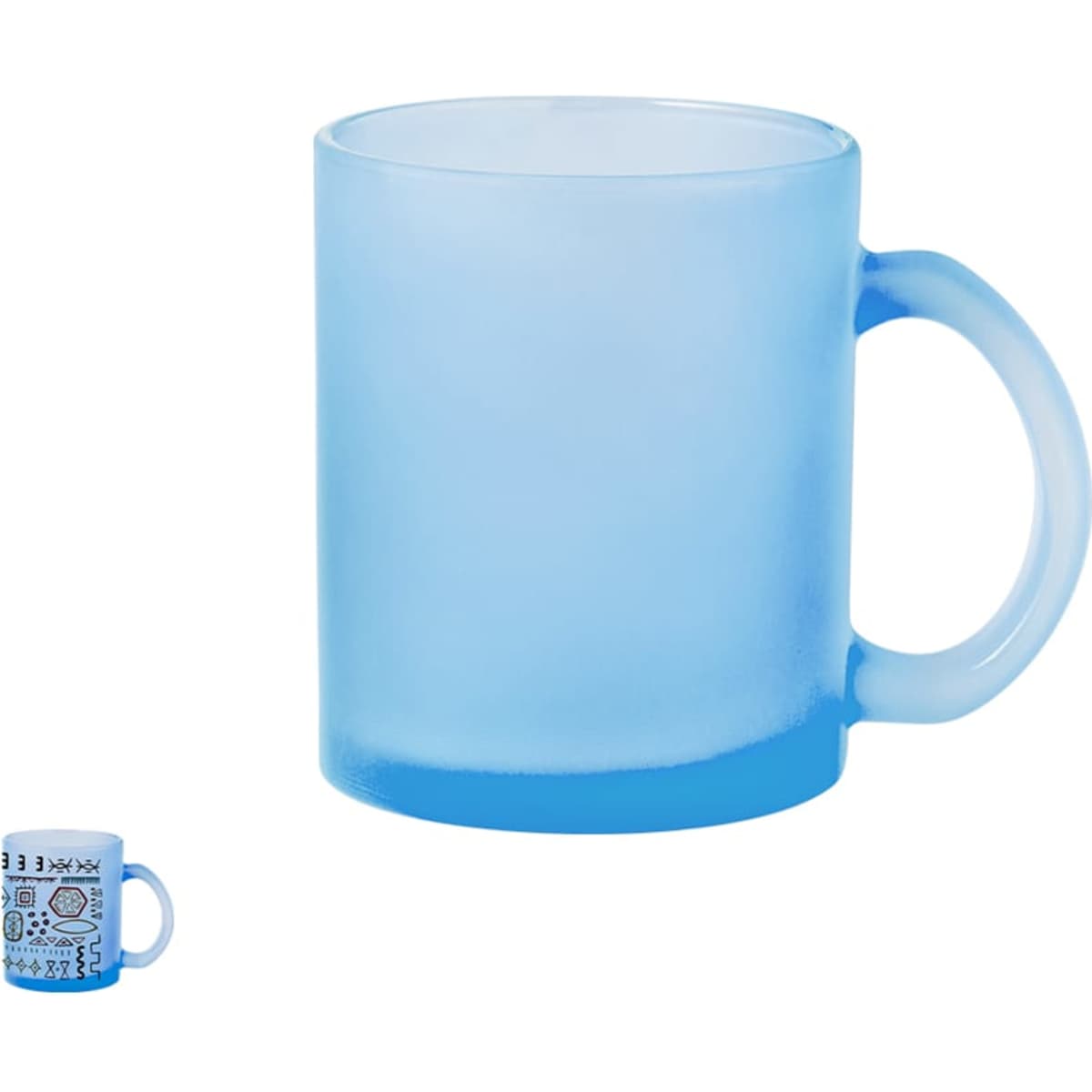 A blue frosted coffee mug with a transparent handle and decorative design. Suitable for drinkware.