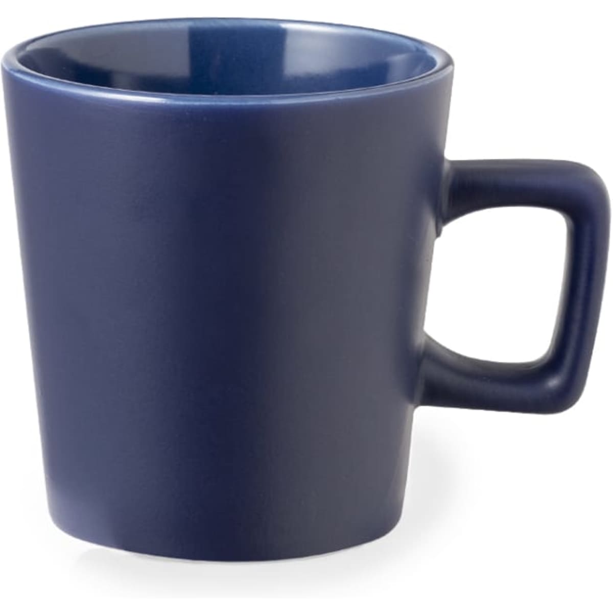 A navy blue coffee mug with a unique handle design and a smooth finish. It features a simple logo.