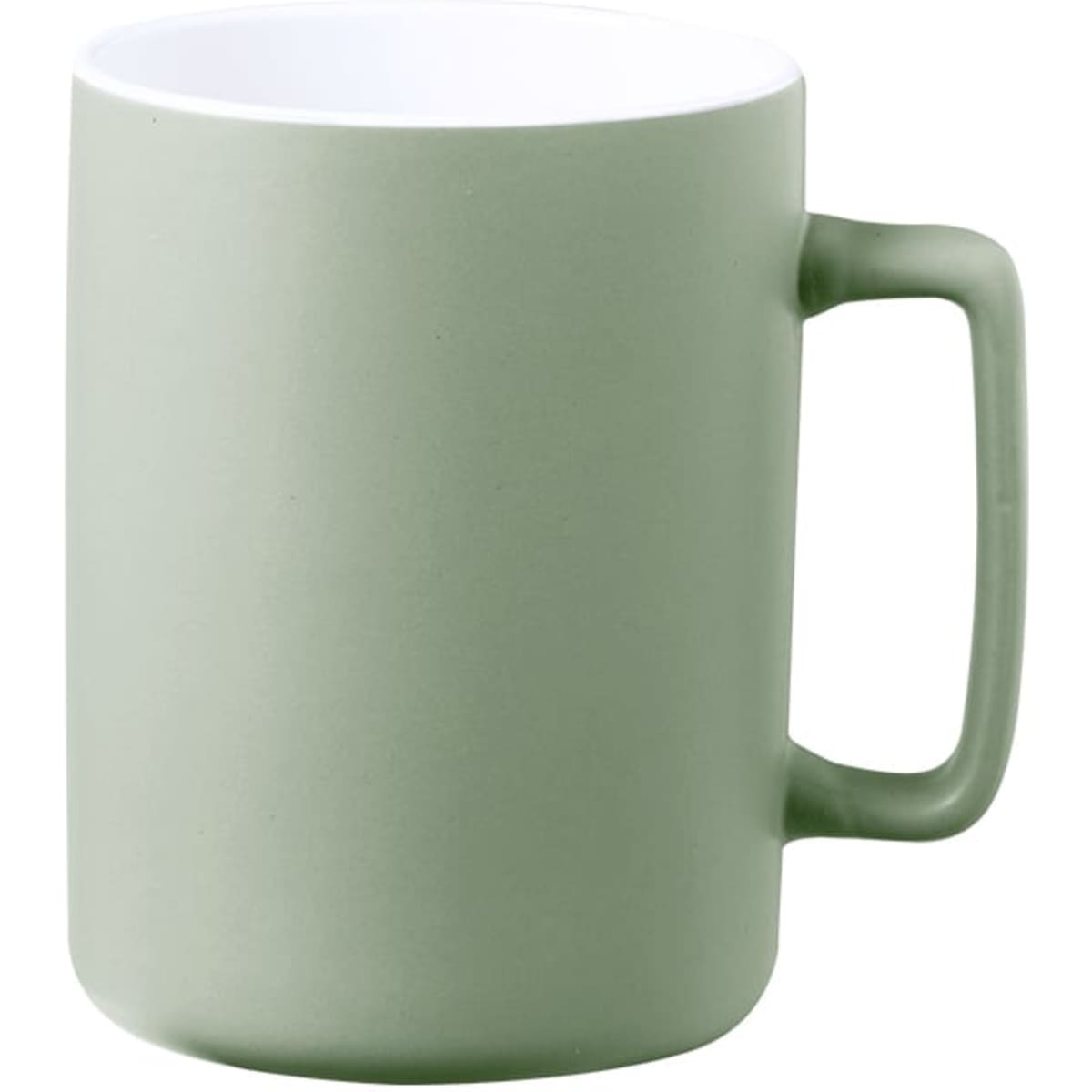 A green mug with a handle and a white interior, featuring a simple and modern design.