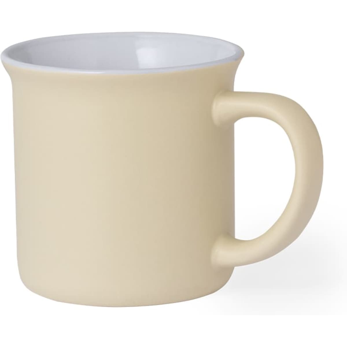 A coffee mug in a soft beige colour with a white interior and a sturdy handle, featuring a branding logo.