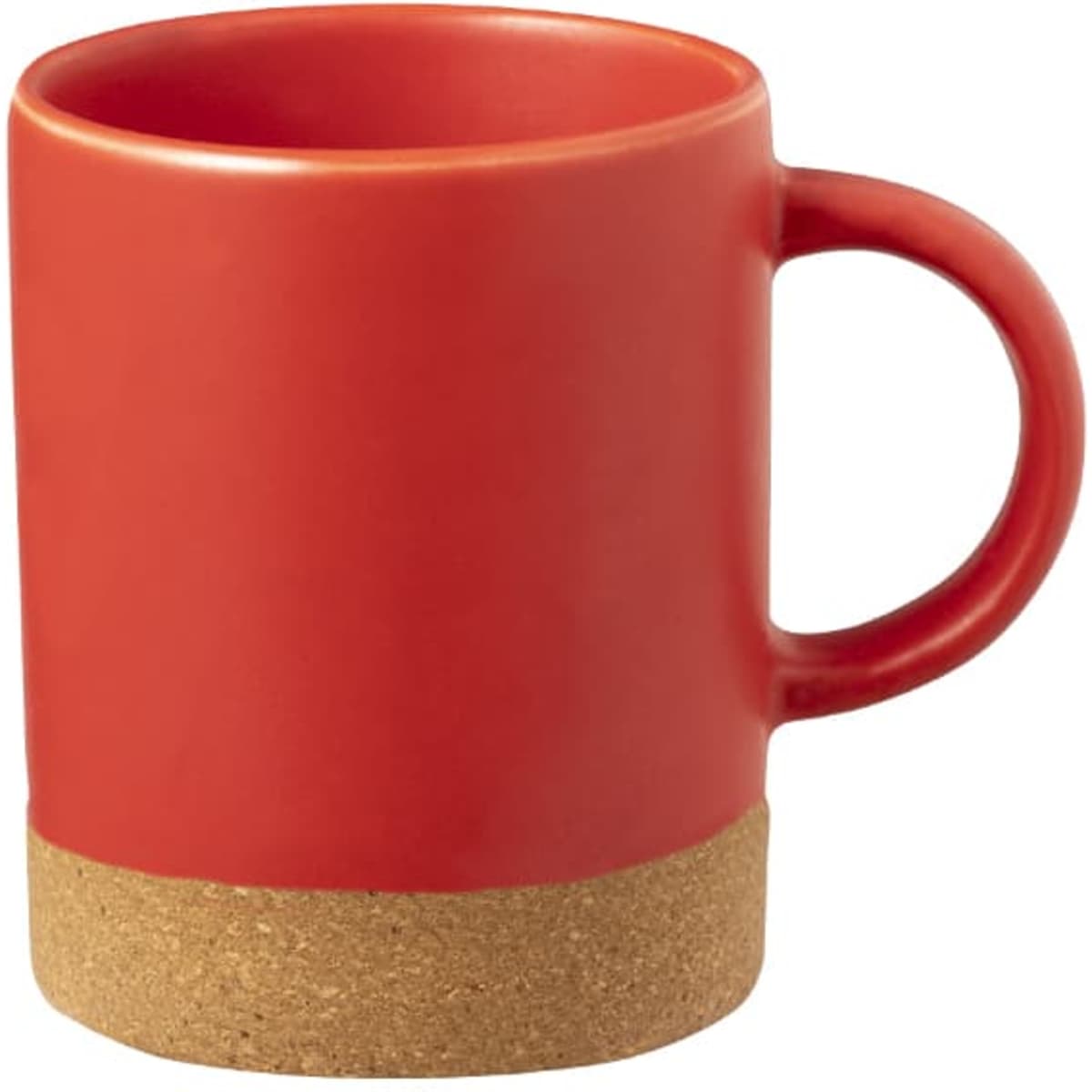 A red coffee mug with a cork base and a sturdy handle, featuring a simple design and modern aesthetic.