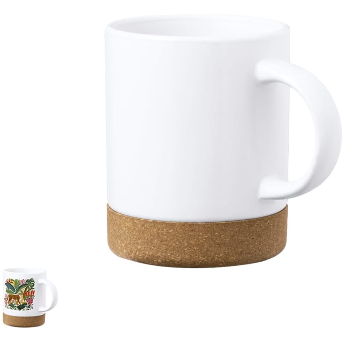 A white coffee mug with a cork base, featuring a decorative design on a smaller version.