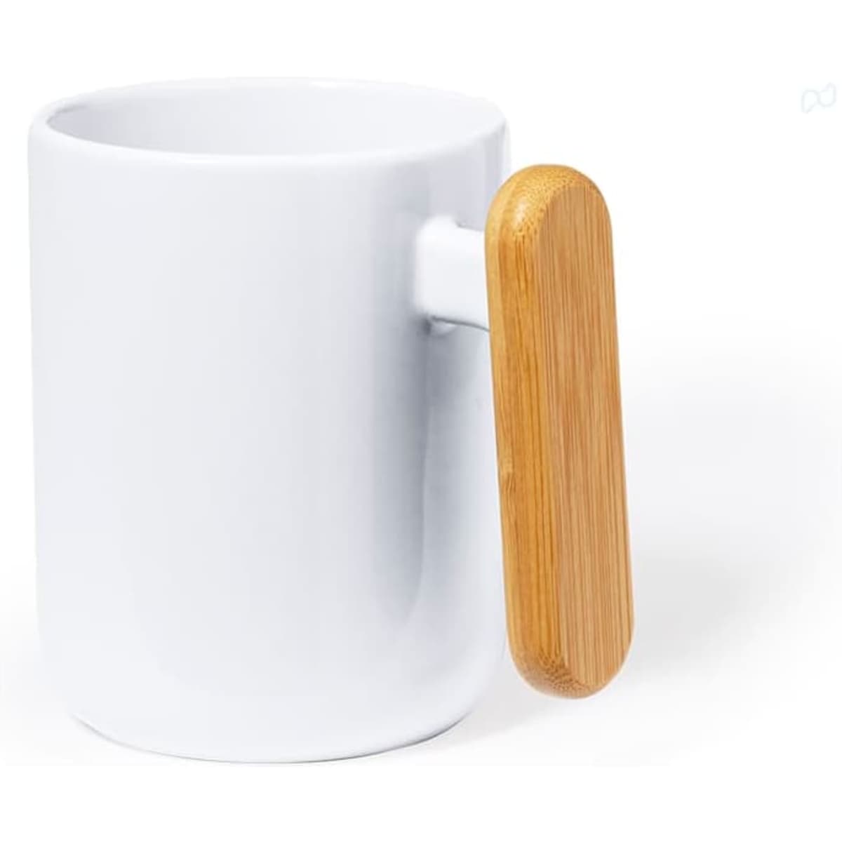 A coffee mug in white ceramic featuring a bamboo handle, designed with a modern aesthetic and a sleek finish.