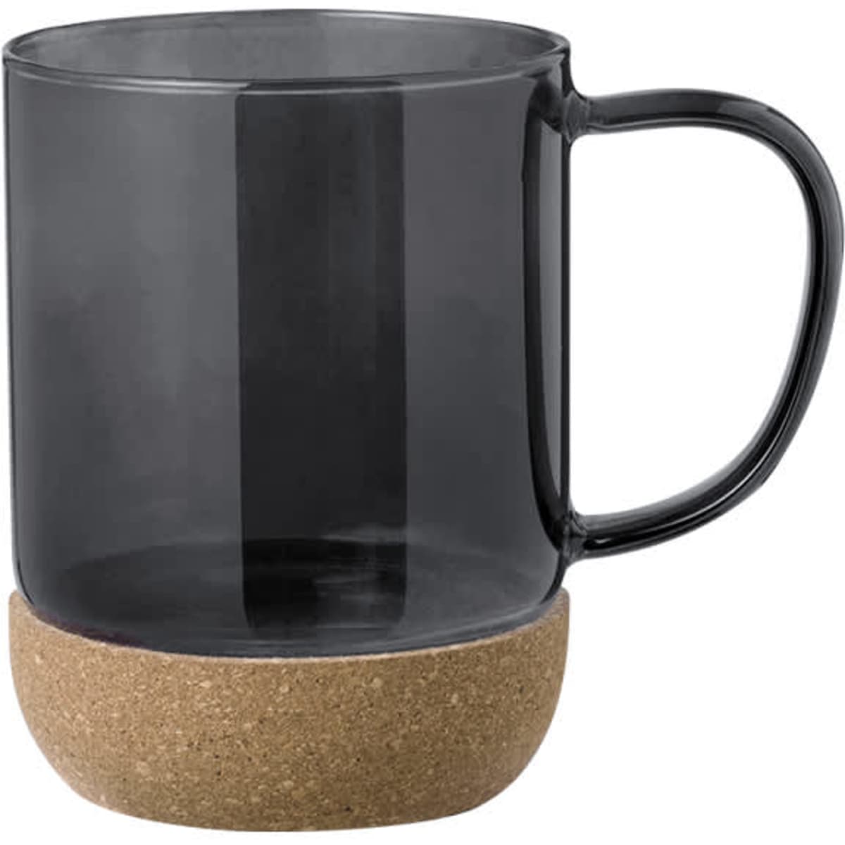 A coffee mug featuring a transparent black body and a cork base. It has a handle and a sleek design.