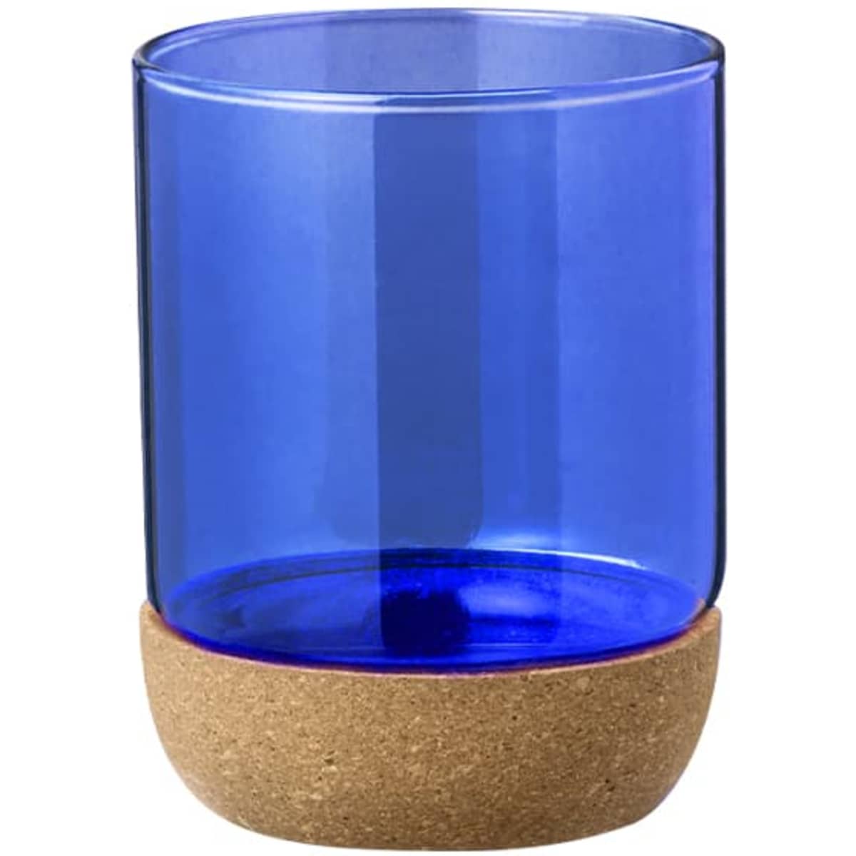 A drink tumbler in blue glass with a natural cork base, featuring a simple design and branding.