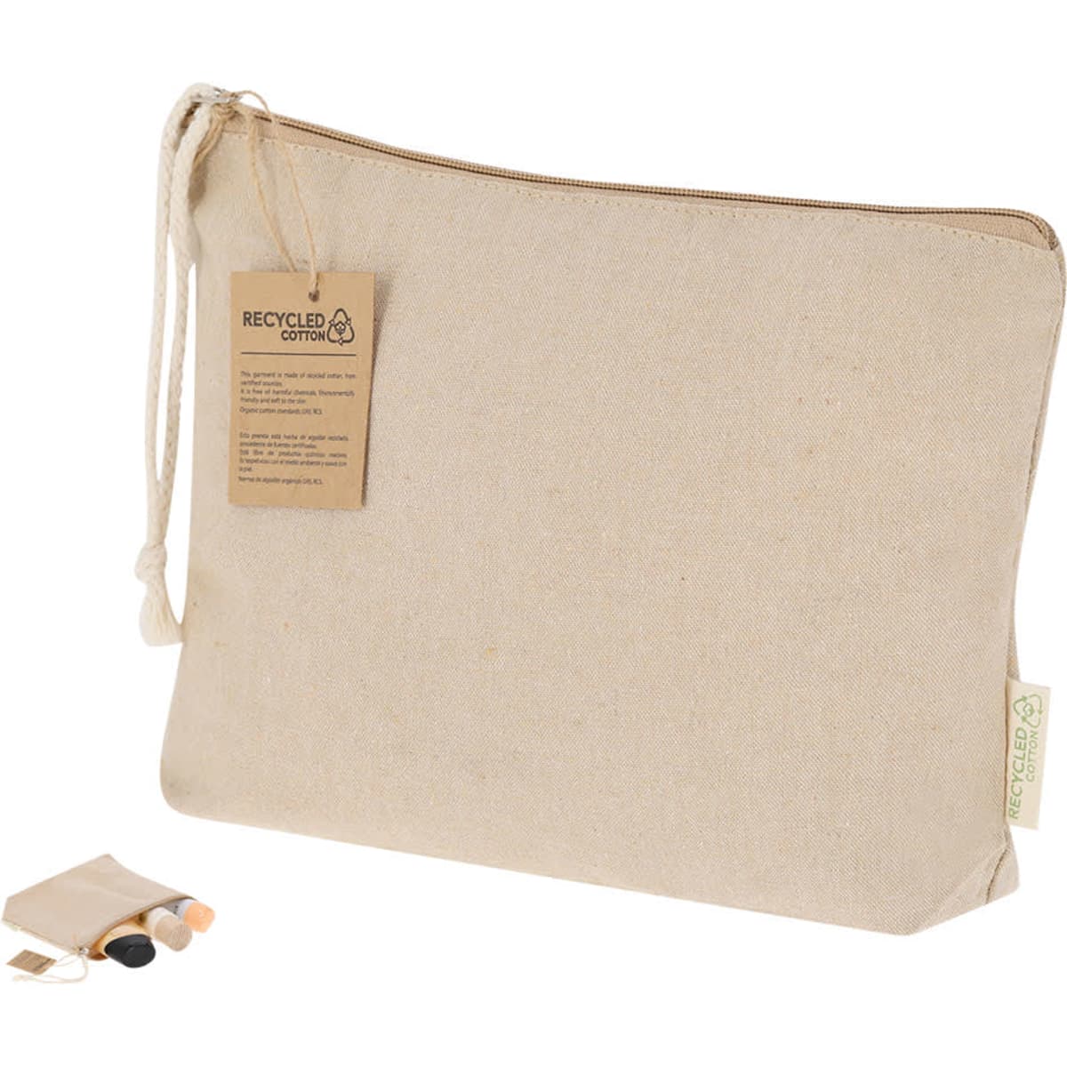 A cream-coloured toiletry bag with a drawstring closure, made from recycled cotton, featuring a tag and small items beside it.