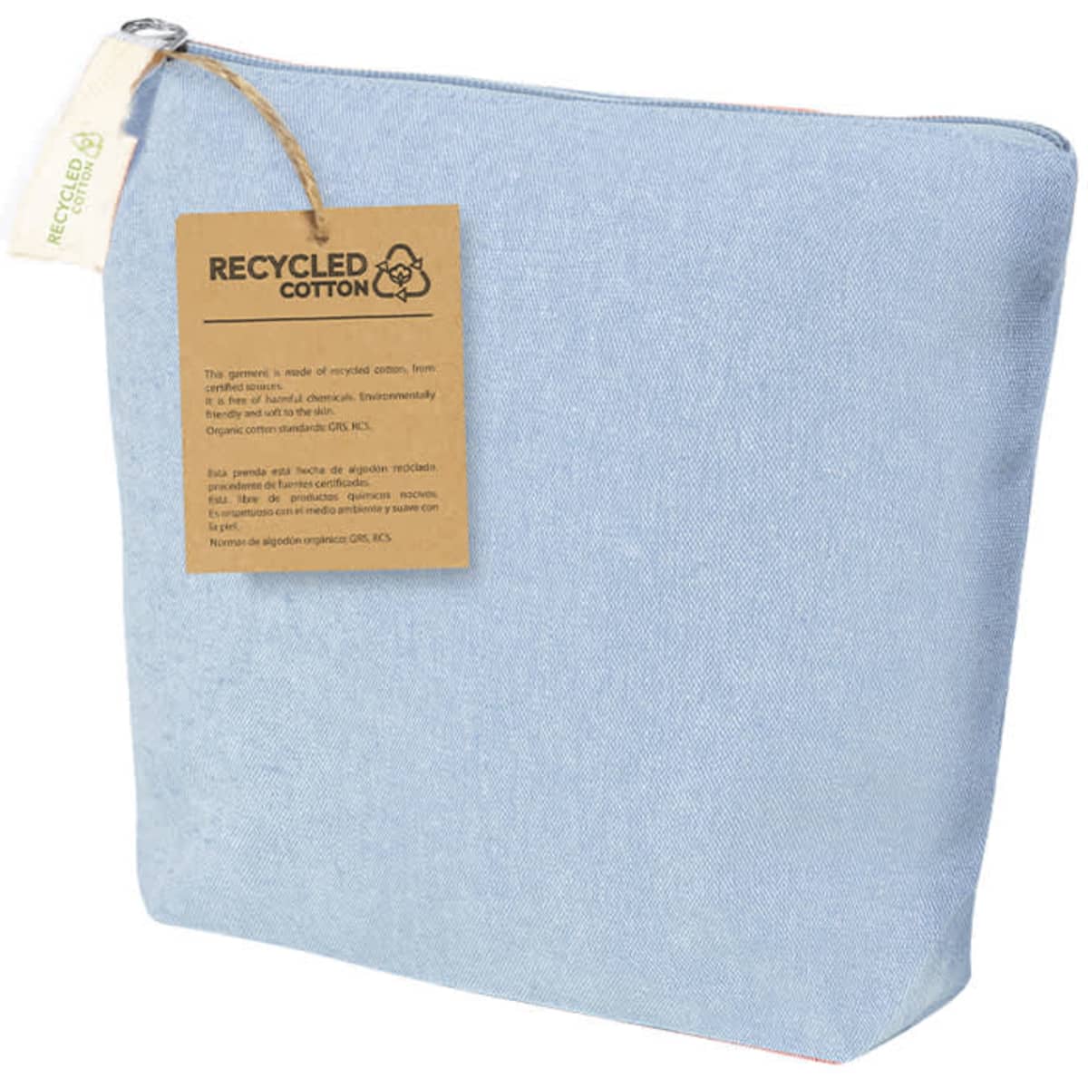 A light blue toiletry bag made from recycled cotton, featuring a zip closure and a hang tag.