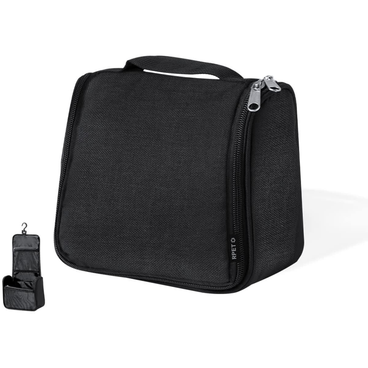 A black toiletry bag with a zip closure and a handle, featuring a small hanging version beside it.