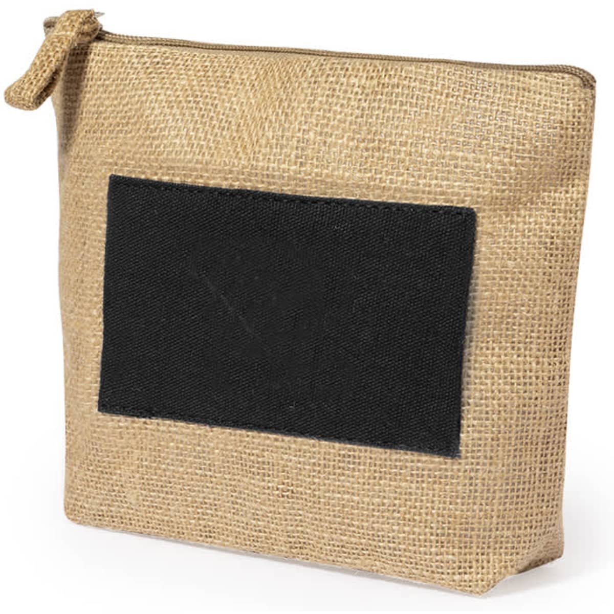 A natural jute toiletry bag with a black fabric patch and a zip closure. Features a logo.